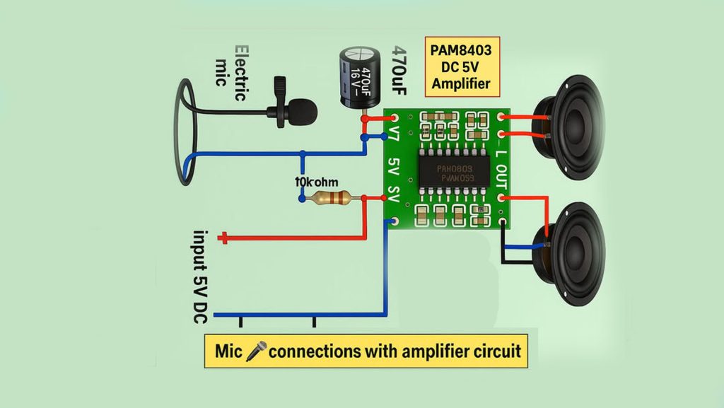 Mic Connection with PAM8403 5V Audio Amplifier Circuit