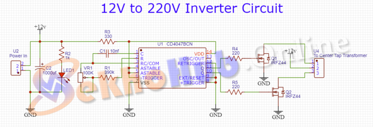 12v DC to 220v AC Inverter Circuit using CD4047 IC & IRFZ44N