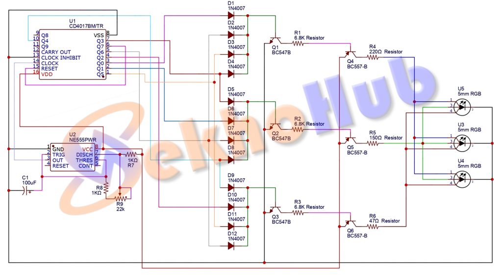 RGB LED Color Chaser Circuit Using CD4017 and 555 Timer IC