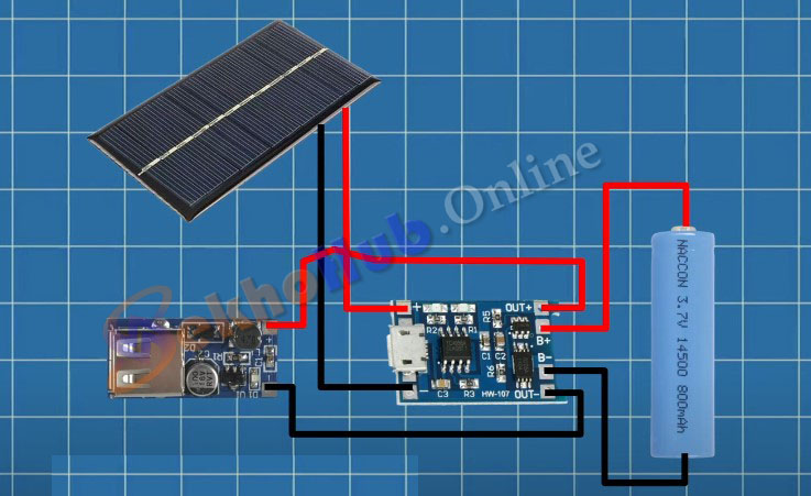 Wiring diagram of TP4056 + solar + battery + boost converter.